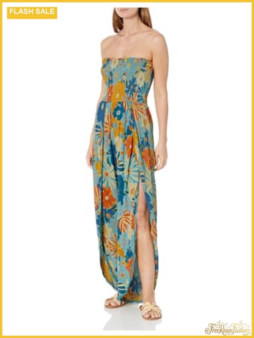 Women's Strapless Smocked Bodice Floral Jumpsuit Pompom Trim Sleeveless